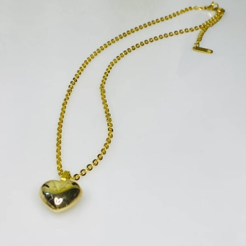 Gold Puffed Heart Necklace Stainless Steel Cable Link Chain